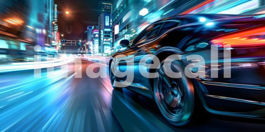 Car on high speed in night city background - Ai Generated