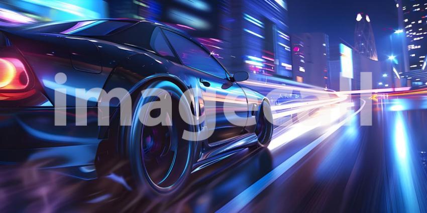 Car on high speed in night city background - Ai Generated