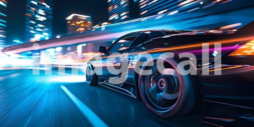 Car on high speed in night city background - Ai Generated