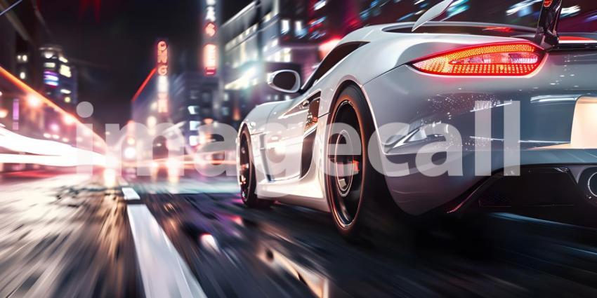 Car on high speed in night city background - Ai Generated