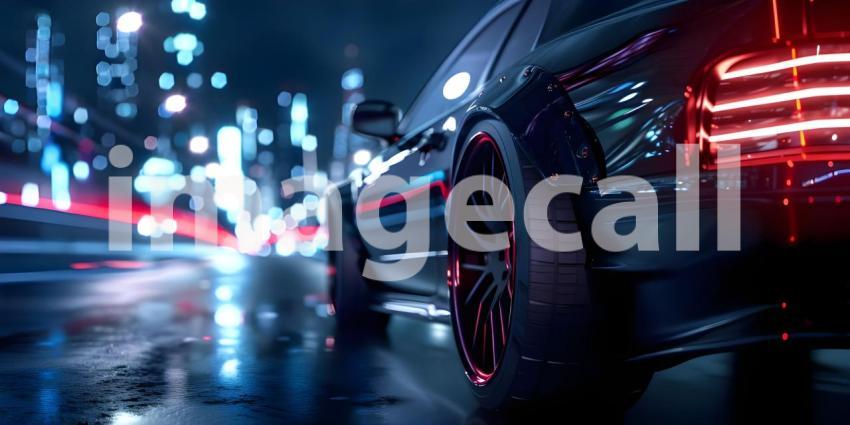 Car on high speed in night city background - Ai Generated