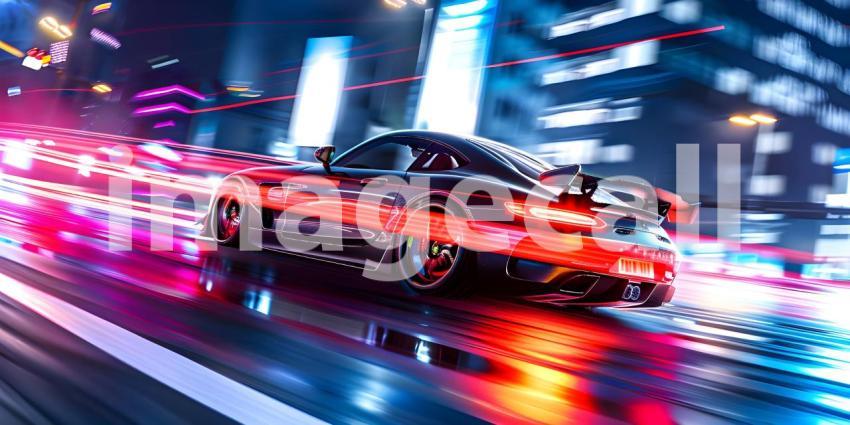 Car on high speed in night city background - Ai Generated