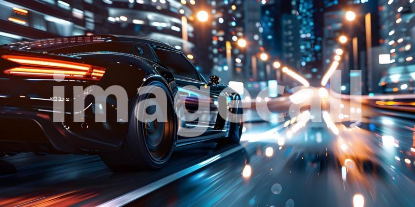 Car on high speed in night city background - Ai Generated