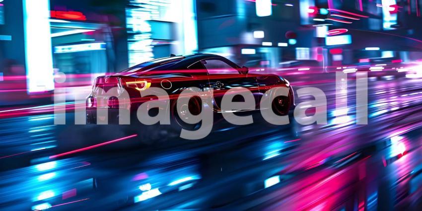 Car on high speed in night city background - Ai Generated