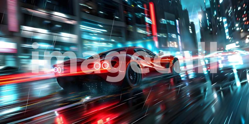 Car on high speed in night city background - Ai Generated