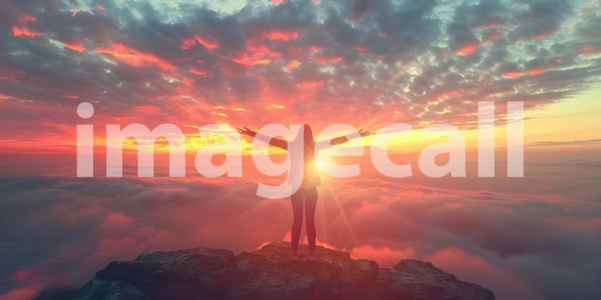 Cheering woman open arms at sunrise background - Ai Generated