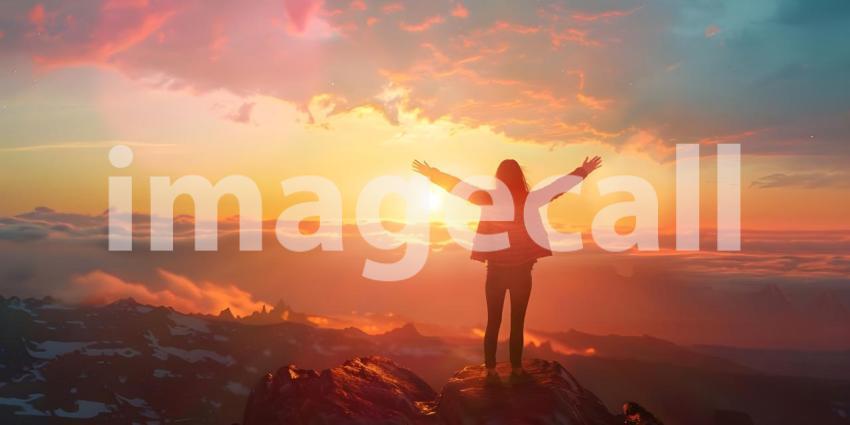 Cheering woman open arms at sunrise background - Ai Generated