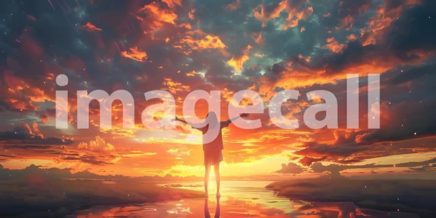 Cheering woman open arms at sunrise background - Ai Generated