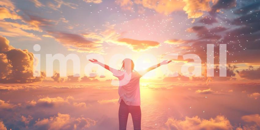 Cheering woman open arms at sunrise background - Ai Generated