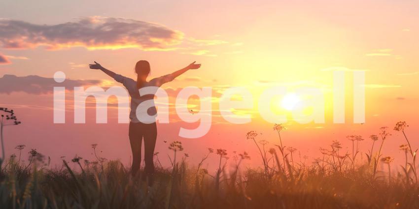 Cheering woman open arms at sunrise background - Ai Generated
