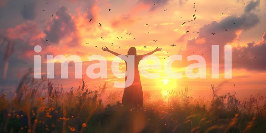 Cheering woman open arms at sunrise background - Ai Generated