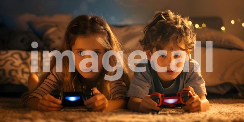Children playing video games lying on the floor background - Ai Generated