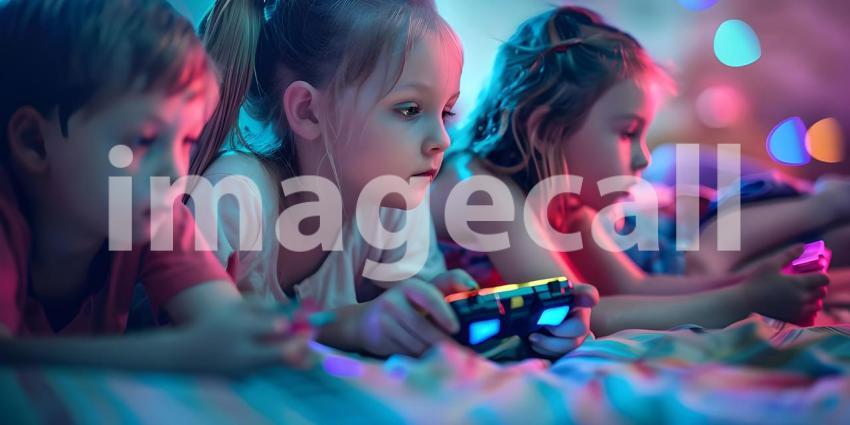 Children playing video games lying on the floor background - Ai Generated