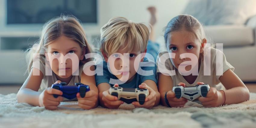 Children playing video games lying on the floor background - Ai Generated
