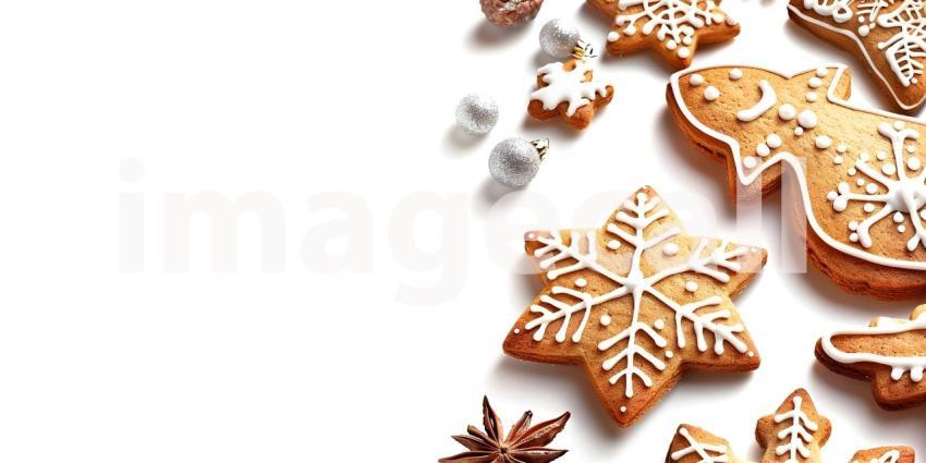 Christmas gingerbread cookies with copy space on white background - Ai Generated