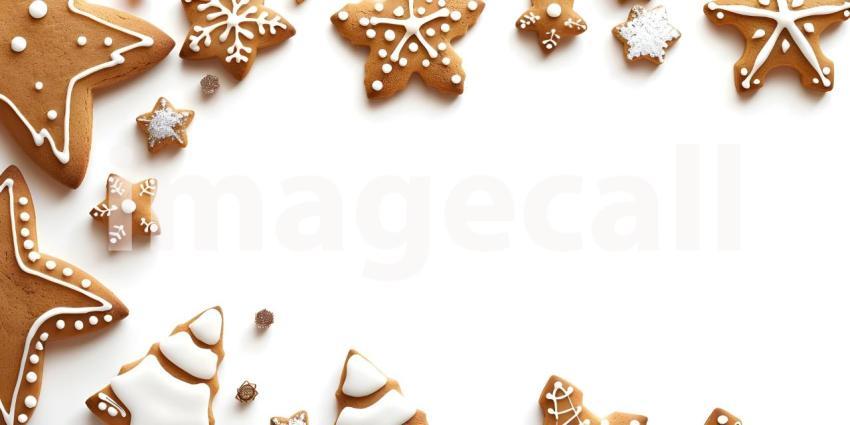 Christmas gingerbread cookies with copy space on white background - Ai Generated