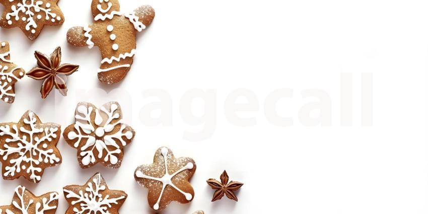 Christmas gingerbread cookies with copy space on white background - Ai Generated