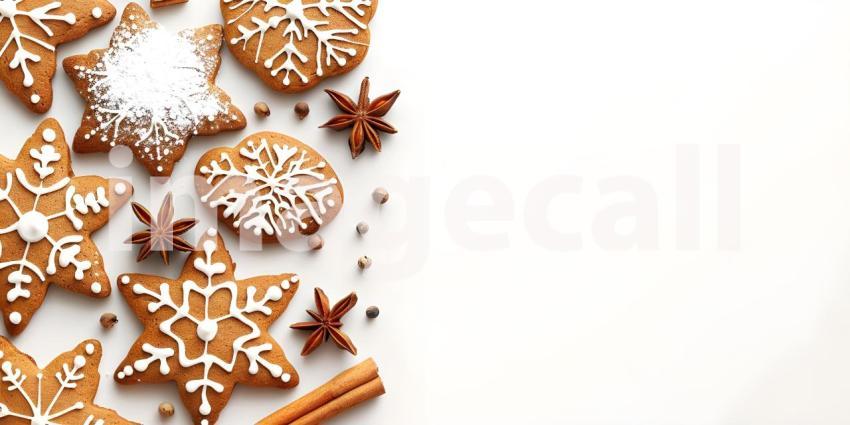 Christmas gingerbread cookies with copy space on white background - Ai Generated