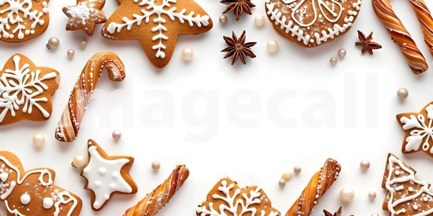 Christmas gingerbread cookies with copy space on white background - Ai Generated