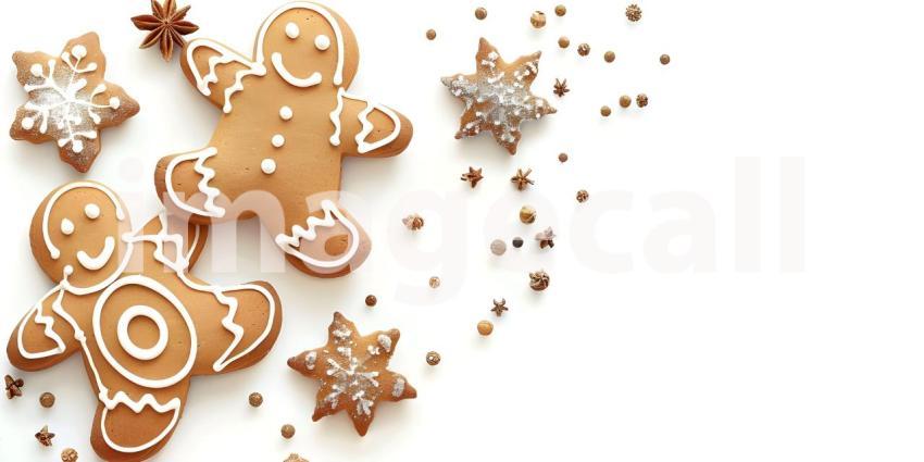 Christmas gingerbread cookies with copy space on white background - Ai Generated