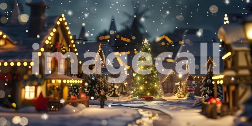 Christmas village with Tree at night background - Ai Generated