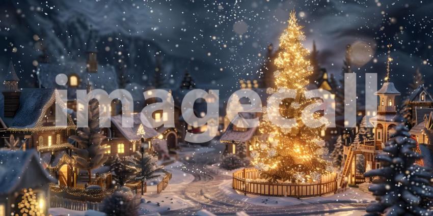 Christmas village with Tree at night background - Ai Generated