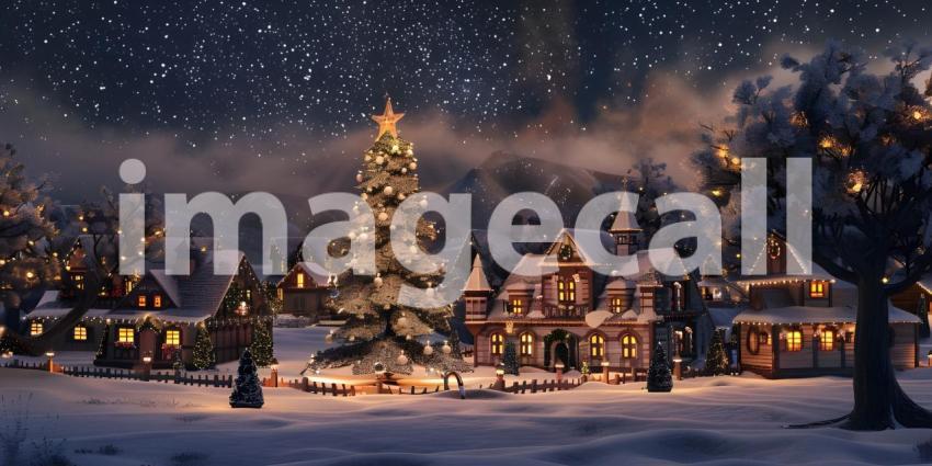 Christmas village with Tree at night background - Ai Generated