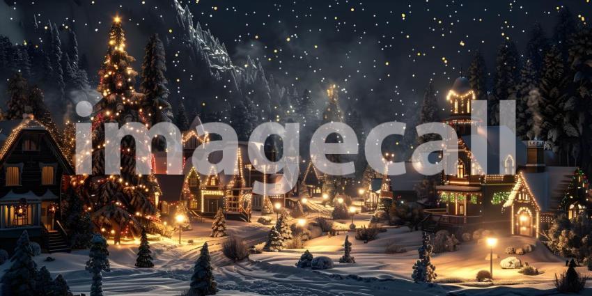 Christmas village with Tree at night background - Ai Generated