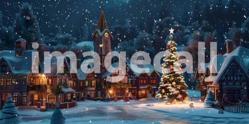 Christmas village with Tree at night background - Ai Generated