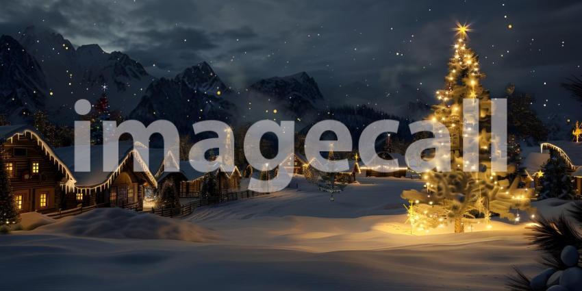 Christmas village with Tree at night background - Ai Generated