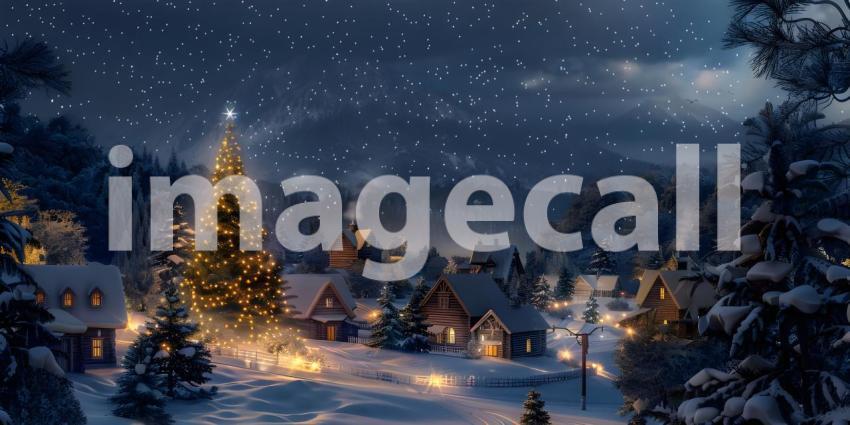 Christmas village with Tree at night background - Ai Generated