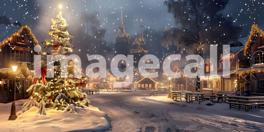 Christmas village with Tree at night background - Ai Generated