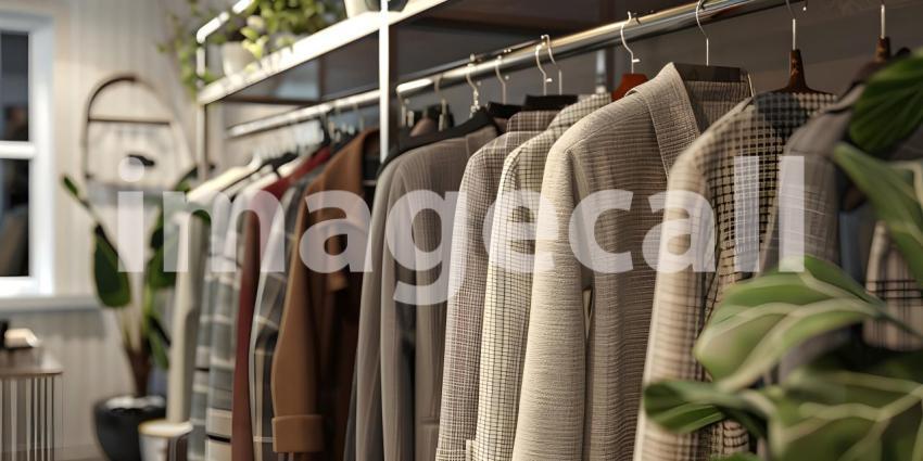 Clothes hanging on a rack in clothing store background - Ai Generated