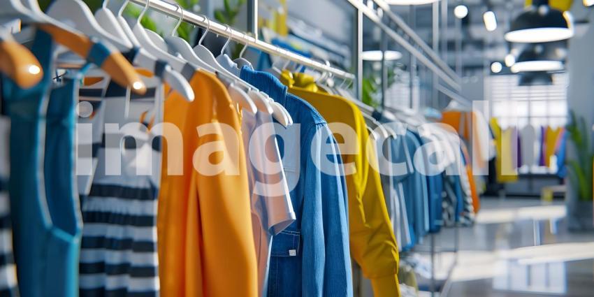 Clothes hanging on a rack in clothing store background - Ai Generated