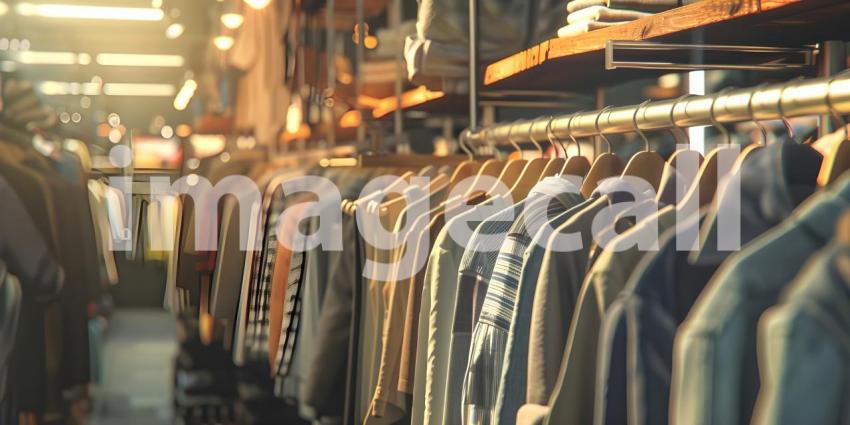 Clothes hanging on a rack in clothing store background - Ai Generated