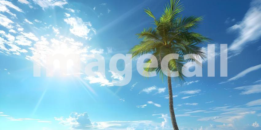 Beautiful Coconut Palm tree with blue sky and sun background - A