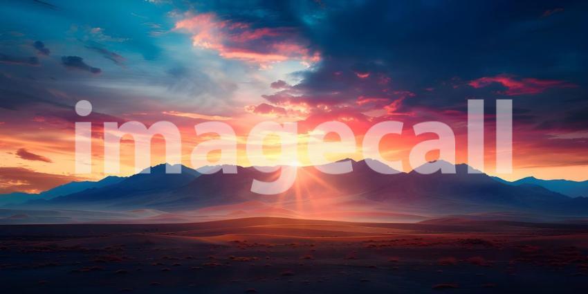 Desert sunset with mountains background - Ai Generated