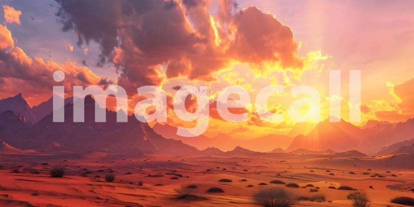 Desert sunset with mountains background - Ai Generated