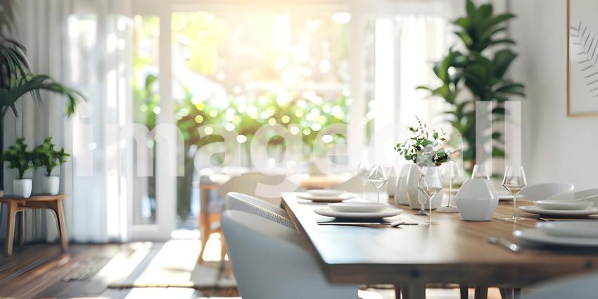 Dining table in a bright dining room background - Ai Generated