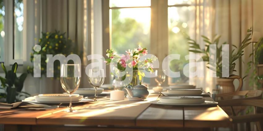 Dining table in a bright dining room background - Ai Generated