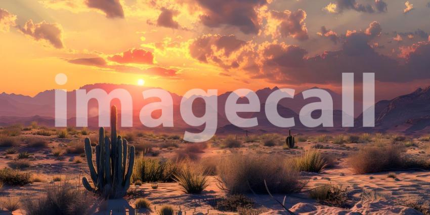 Desert sunset with mountains background - Ai Generated