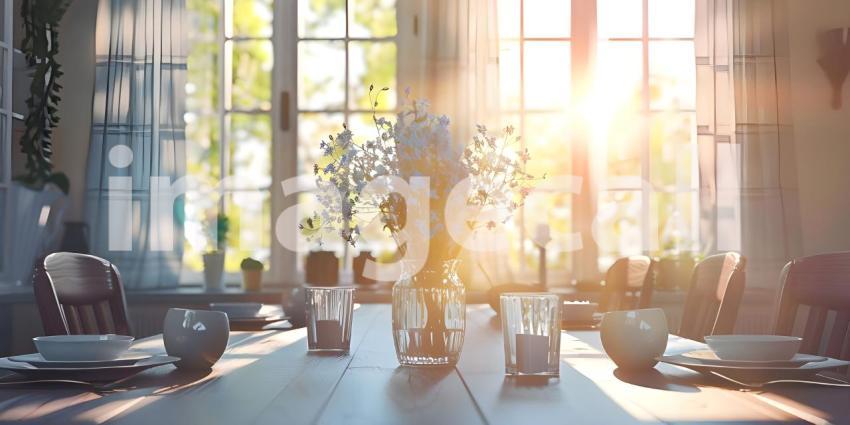 Dining table in a bright dining room background - Ai Generated