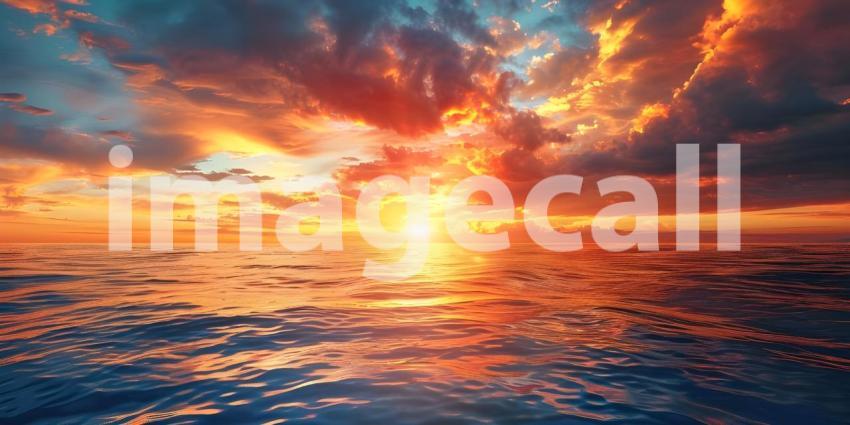 Dramatic Sunset Sky over calm Ocean background - Ai Generated