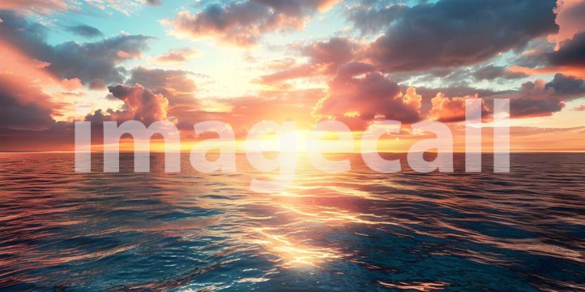 Dramatic Sunset Sky over calm Ocean background - Ai Generated
