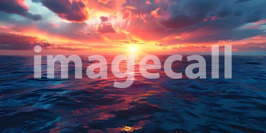 Dramatic Sunset Sky over calm Ocean background - Ai Generated