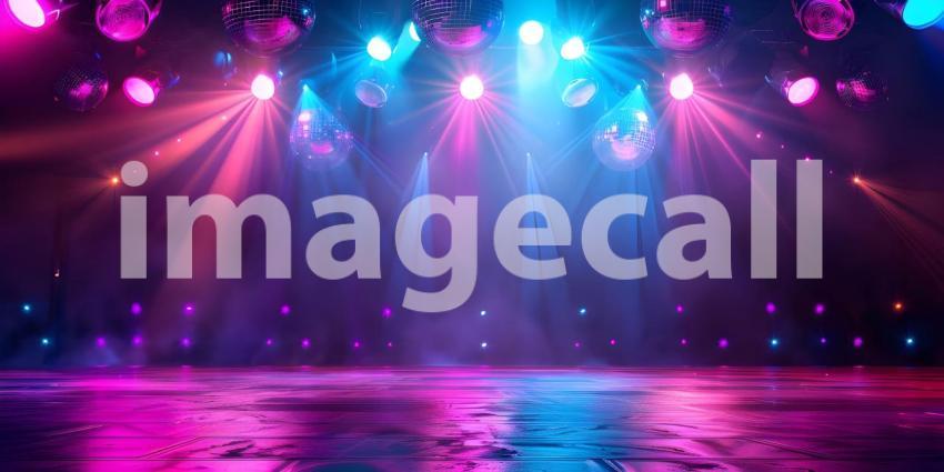 Empty dance floor of club stage under colorful spotlights, disco balls background - Ai Generated
