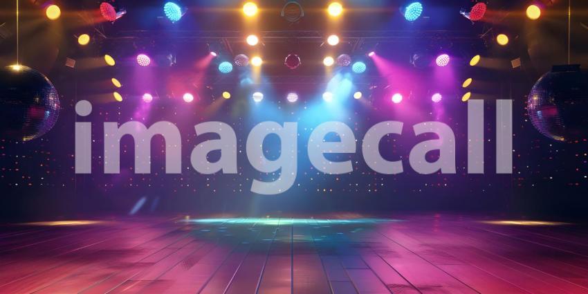 Empty dance floor of club stage under colorful spotlights, disco balls background - Ai Generated