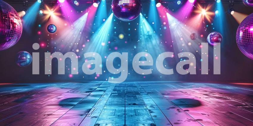Empty dance floor of club stage under colorful spotlights, disco balls background - Ai Generated