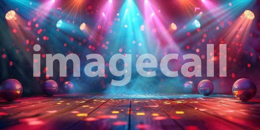 Empty dance floor of club stage under colorful spotlights, disco balls background - Ai Generated