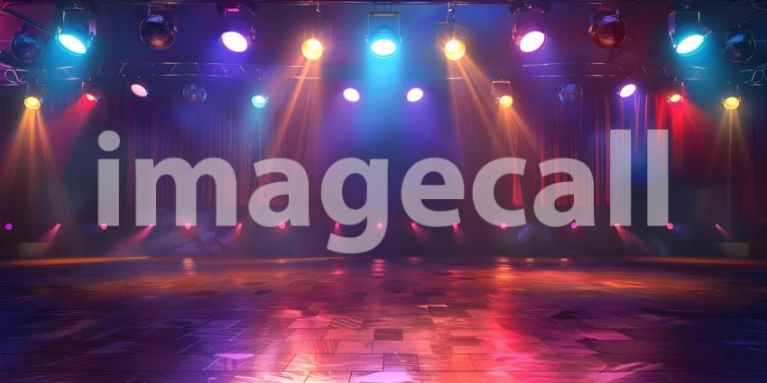 Empty dance floor of club stage under colorful spotlights, disco balls background - Ai Generated